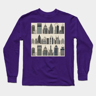 Urban Horizon: Stylistic Vector City Skyline Fabric Print Long Sleeve T-Shirt